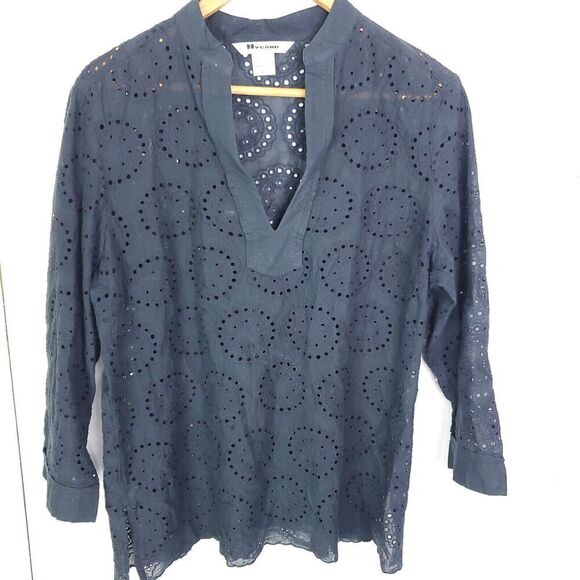 Nygard Top Womens 16 Eyelet Navy Popover V Neck Scalloped Hem Preppy Modest - Picture 1 of 7